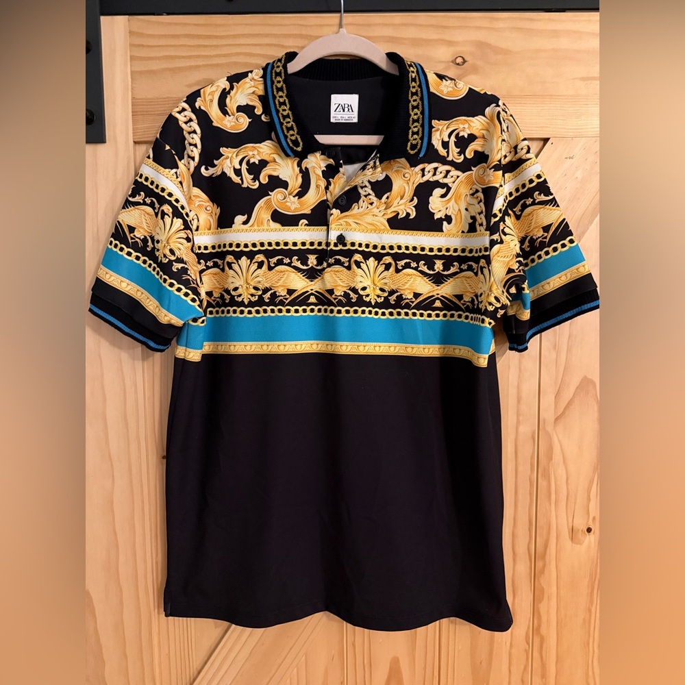 Zara Men's Gold and Black Polo-Shirt